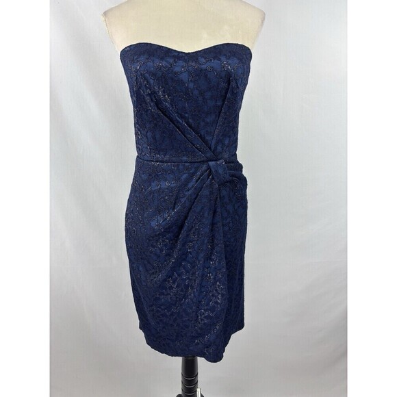 David Meister Strapless Cocktail Dress Blue Black Lace Metallic 6 Boning - Picture 10 of 10